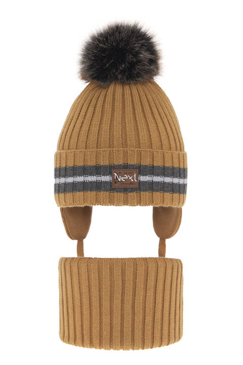 Boy's winter set: hat and tube scarf camel with pompom Echo