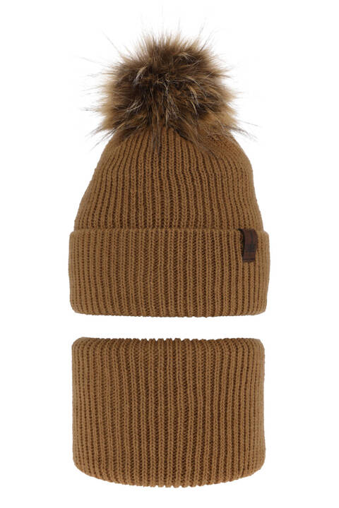 Boy's winter set: hat and tube scarf camel with pompom Modus