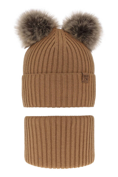 Boy's winter set: hat and tube scarf camel with two pompoms Oxford