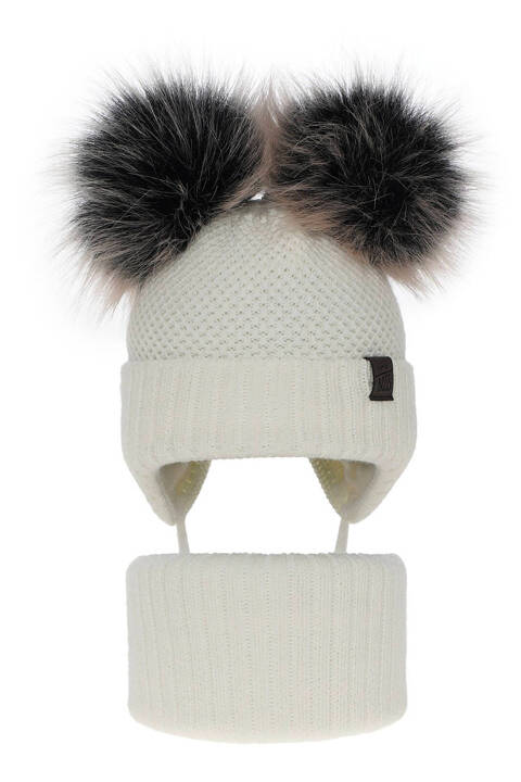 Boy's winter set: hat and tube scarf ecru Randel with two pompom