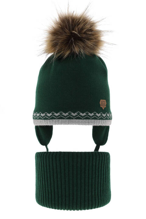 Boy's winter set: hat and tube scarf green Elpis with pompom