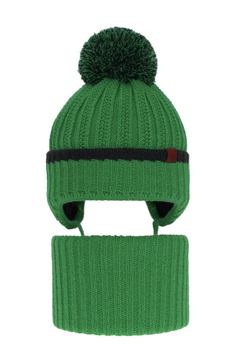 Boy's winter set: hat and tube scarf green Franklin with pompom