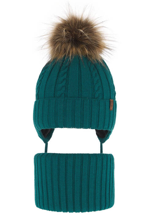 Boy's winter set: hat and tube scarf green Peter with pompom