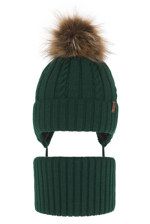 Boy's winter set: hat and tube scarf green Peter with pompom