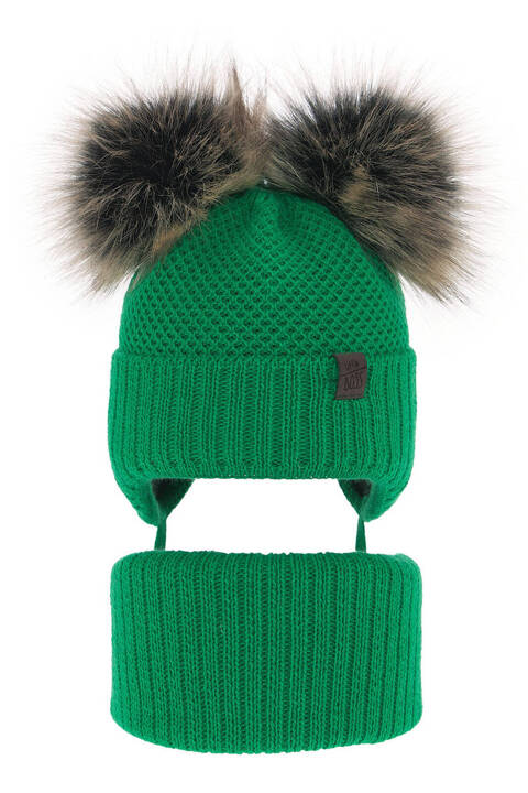 Boy's winter set: hat and tube scarf green Randel with two pompom