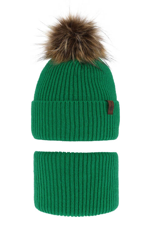 Boy's winter set: hat and tube scarf green with pompom Modus