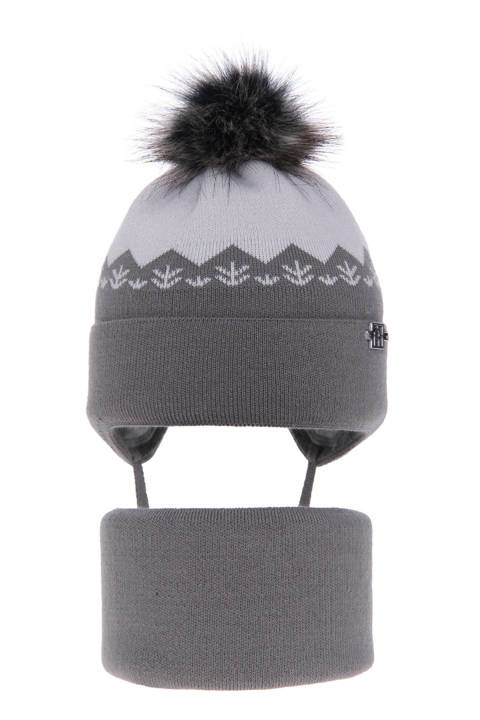 Boy's winter set: hat and tube scarf grey Awers with pompom