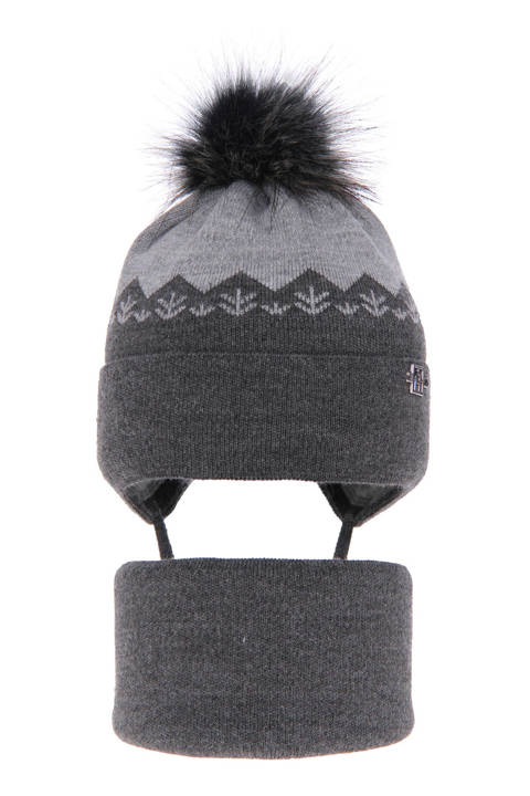 Boy's winter set: hat and tube scarf grey Awers with pompom