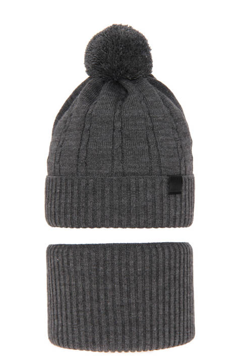 Boy's winter set: hat and tube scarf grey Deny with pompom