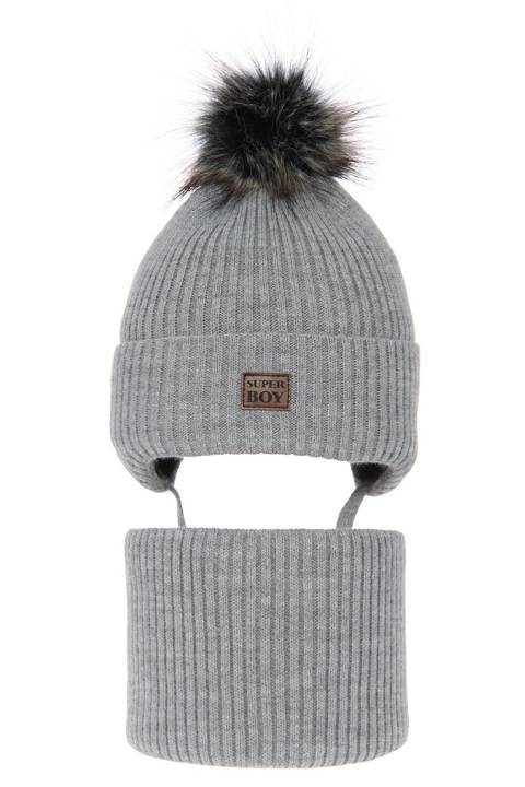 Boy's winter set: hat and tube scarf grey Denzel with pompom