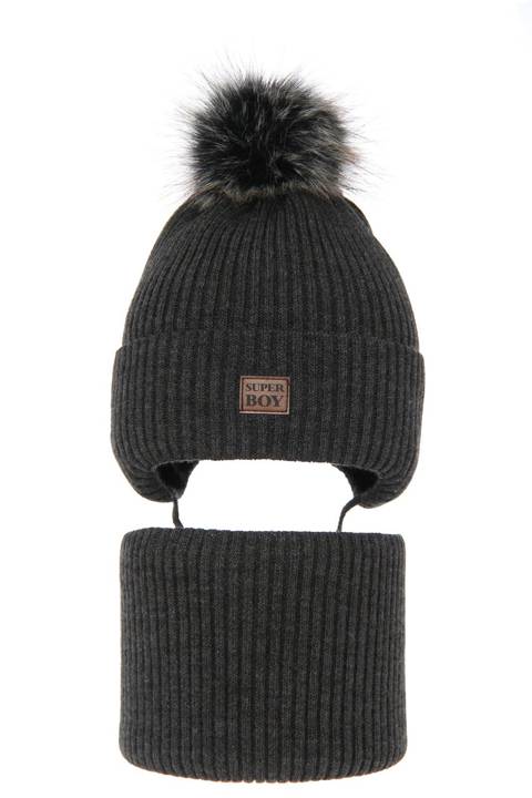 Boy's winter set: hat and tube scarf grey Denzel with pompom