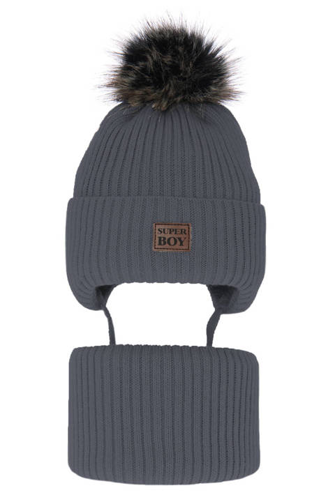 Boy's winter set: hat and tube scarf grey Denzel with pompom