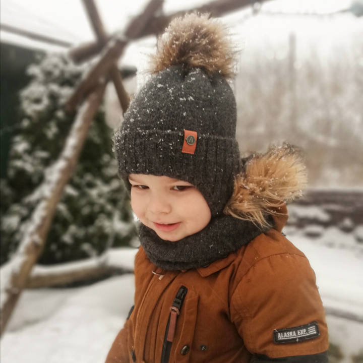 Boy's winter set: hat and tube scarf grey Dominik with pompom