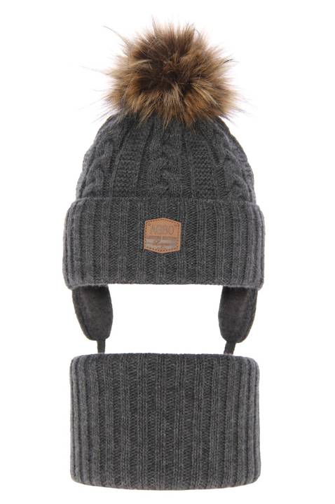 Boy's winter set: hat and tube scarf grey Duet with pompom