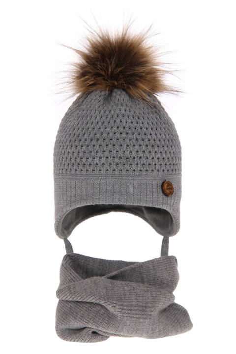 Boy's winter set: hat and tube scarf grey Florek with pompom