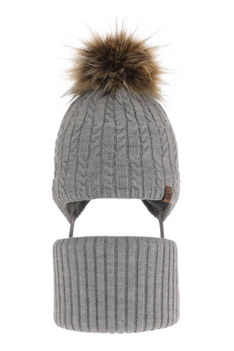 Boy's winter set: hat and tube scarf grey Indigo with pompom