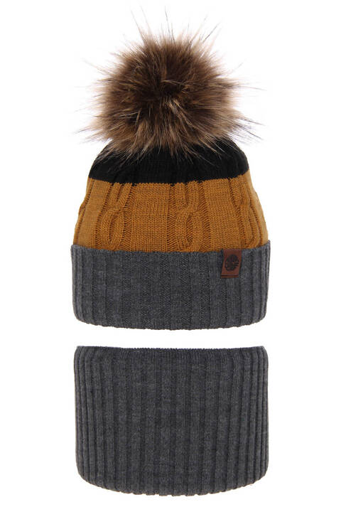 Boy's winter set: hat and tube scarf grey Karmel with pompom