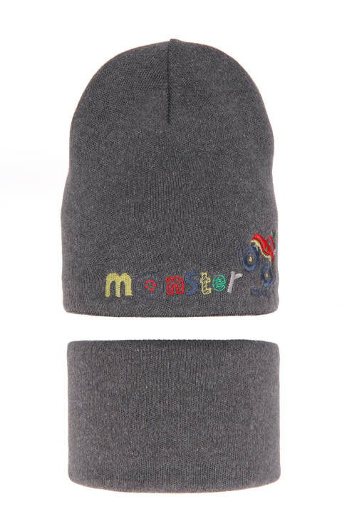 Boy's winter set: hat and tube scarf grey Monster