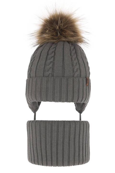 Boy's winter set: hat and tube scarf grey Peter with pompom