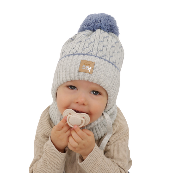 Boy's winter set: hat and tube scarf grey Pikolo with pompom