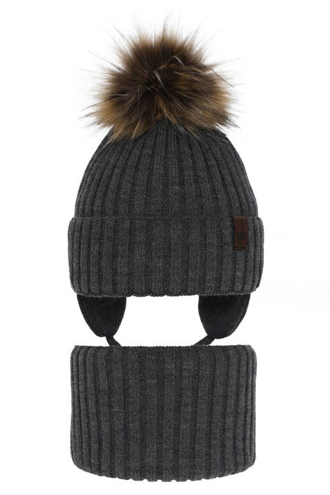 Boy's winter set: hat and tube scarf grey Puzel with pompom