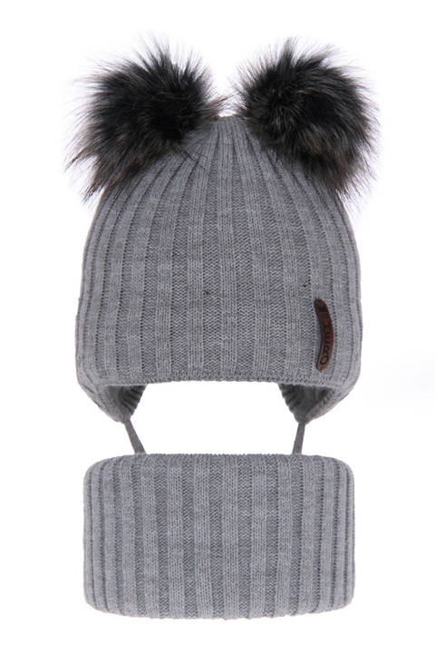 Boy's winter set: hat and tube scarf grey Sid with two pompom