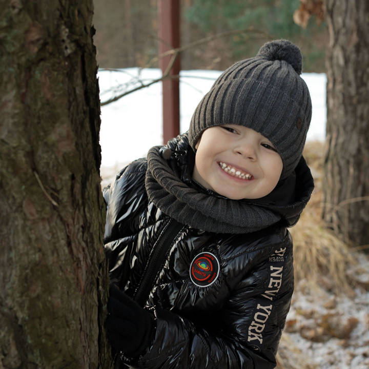 Boy's winter set: hat and tube scarf grey Wiliam with pompom