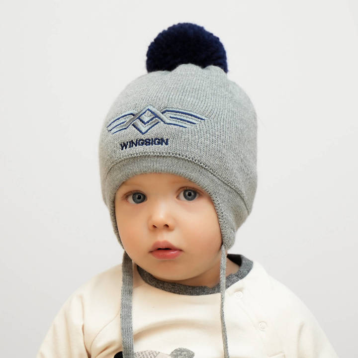 Boy's winter set: hat and tube scarf grey Wings with pompom