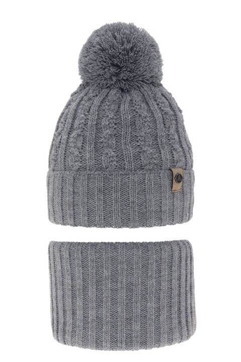 Boy's winter set: hat and tube scarf grey with pompom Almond