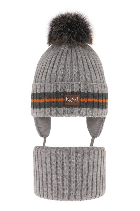 Boy's winter set: hat and tube scarf grey with pompom Echo