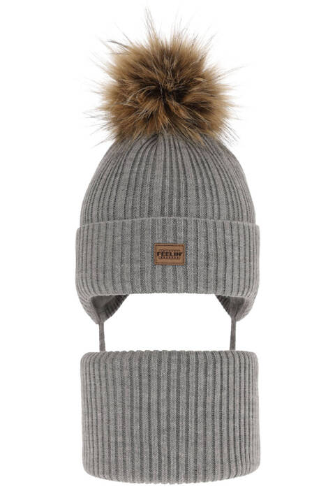 Boy's winter set: hat and tube scarf grey with pompom Eger