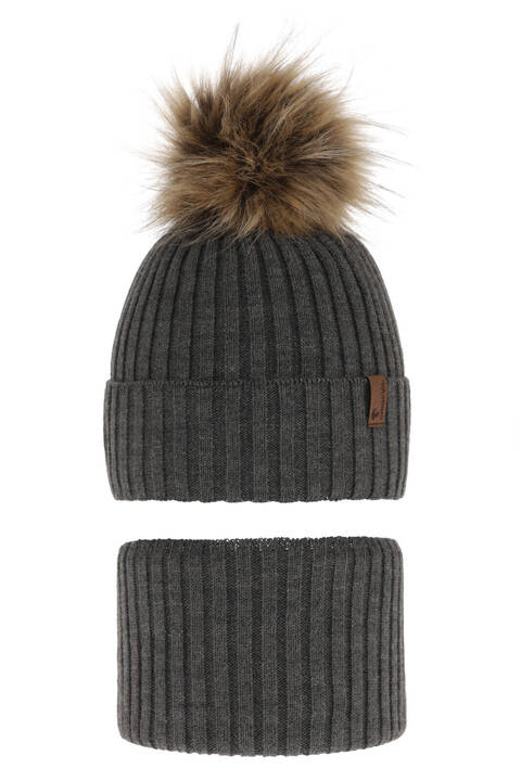 Boy's winter set: hat and tube scarf grey with pompom Onyks