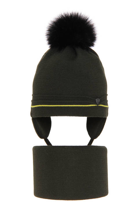 Boy's winter set: hat and tube scarf khaki Burgund with pompom