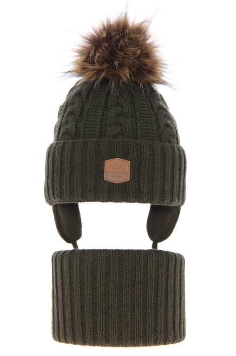 Boy's winter set: hat and tube scarf khaki Duet with pompom