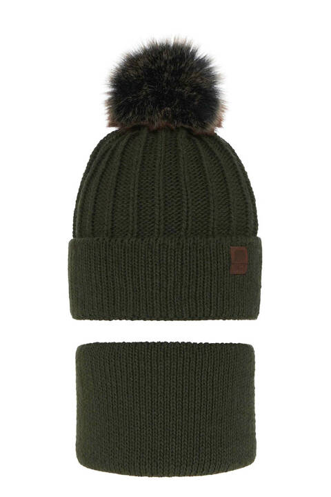 Boy's winter set: hat and tube scarf khaki Havier with pompom