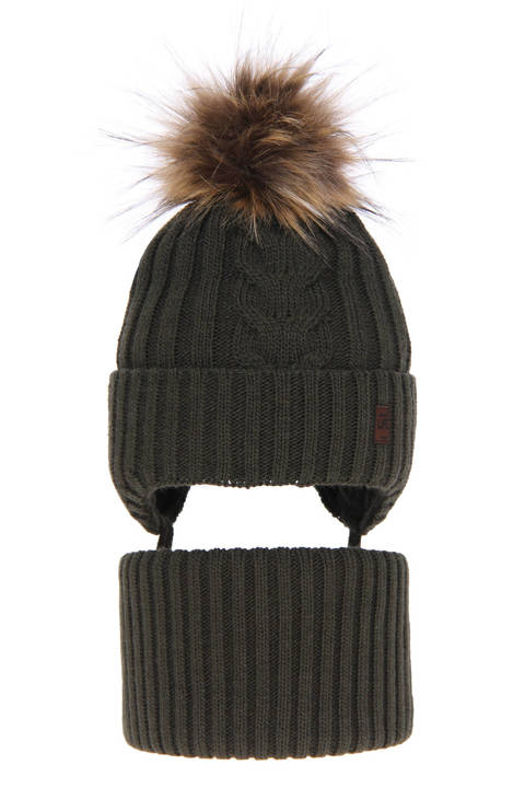 Boy's winter set: hat and tube scarf khaki Kongo with pompom