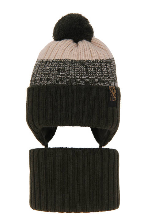 Boy's winter set: hat and tube scarf khaki Kongo with pompom