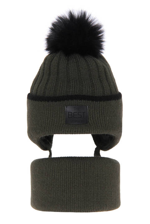 Boy's winter set: hat and tube scarf khaki Orlando with pompom