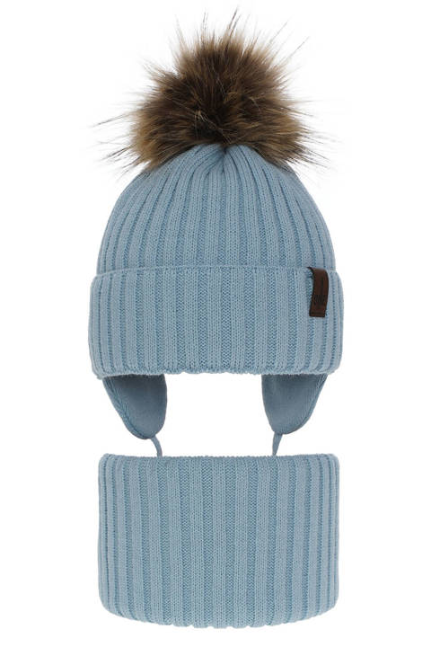 Boy's winter set: hat and tube scarf light blue Puzel with pompom