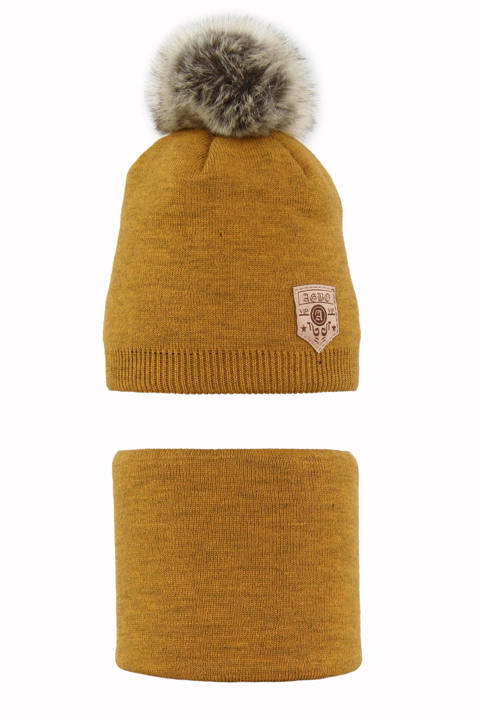 Boy's winter set: hat and tube scarf mustard Apolin with pompom