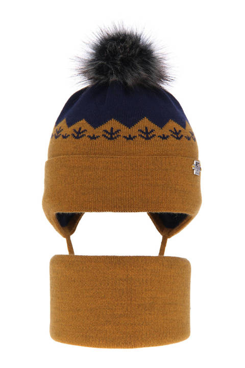 Boy's winter set: hat and tube scarf mustard Awers with pompom