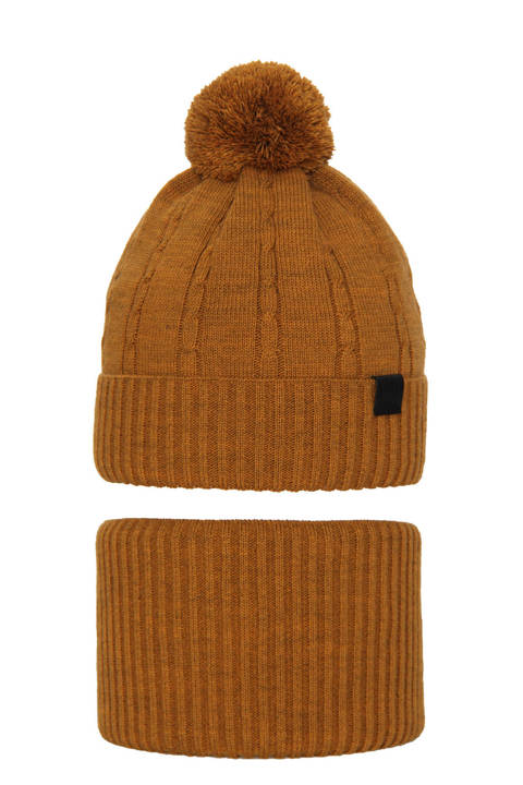 Boy's winter set: hat and tube scarf mustard Deny with pompom