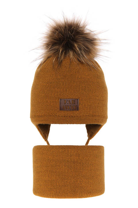 Boy's winter set: hat and tube scarf mustard Druid with pompom