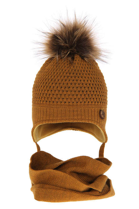 Boy's winter set: hat and tube scarf mustard Florek with pompom