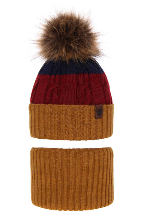 Boy's winter set: hat and tube scarf mustard Karmel with pompom