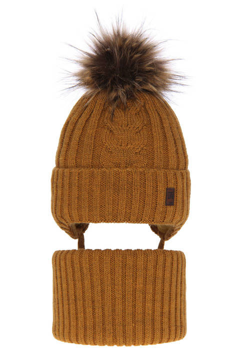 Boy's winter set: hat and tube scarf mustard Kongo with pompom