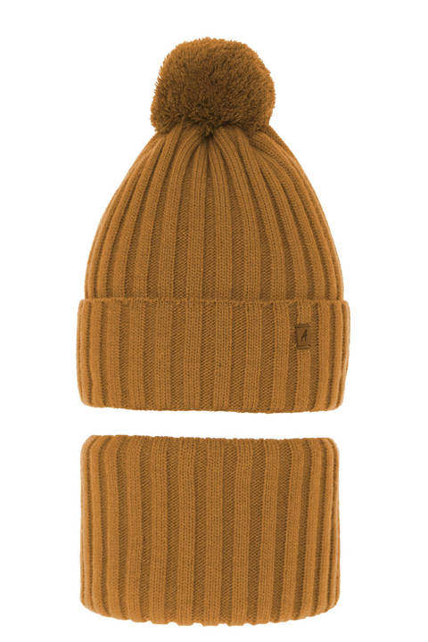 Boy's winter set: hat and tube scarf mustard Wiliam with pompom   