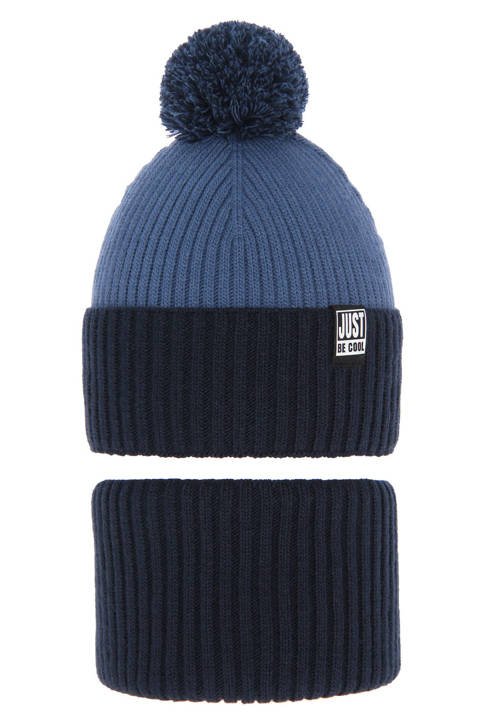 Boy's winter set: hat and tube scarf navy blue Arlekin with pompom 