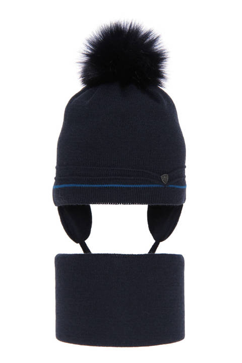 Boy's winter set: hat and tube scarf navy blue Burgund with pompom