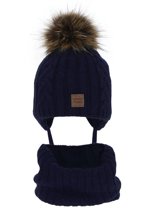 Boy's winter set: hat and tube scarf navy blue Casper with pompom